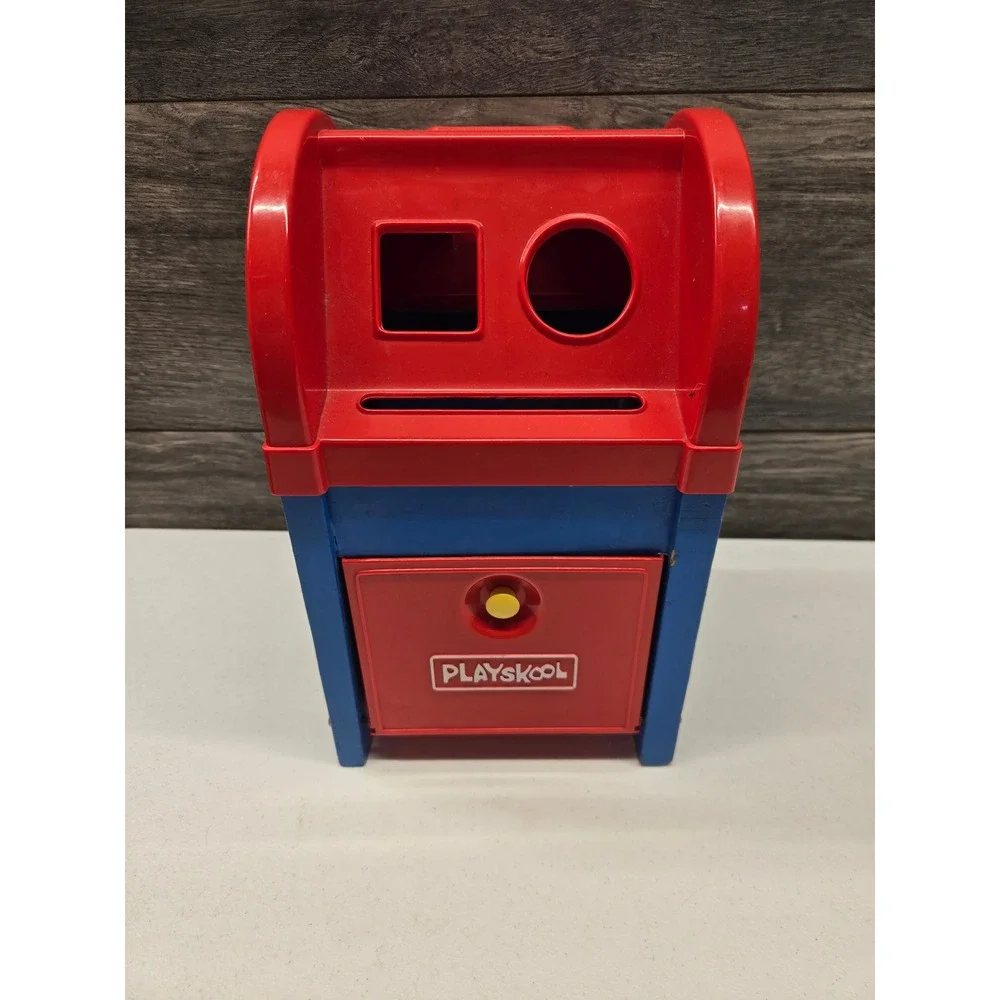 Vintage Playskool Postal Station Mailbox Toy Red Blue Wood Plastic Shape Sorter